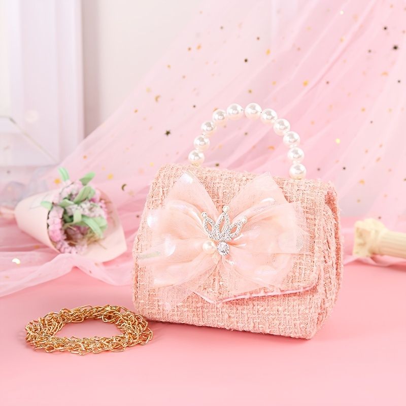 Bébi Lányok Crown Bow Mesh Decor Pearl Kézitáska Crossbody Bag Princess Válltáska Lánctáska