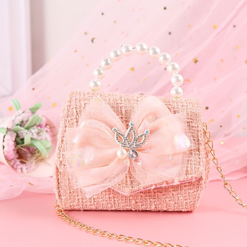 Bébi Lányok Crown Bow Mesh Decor Pearl Kézitáska Crossbody Bag Princess Válltáska Lánctáska