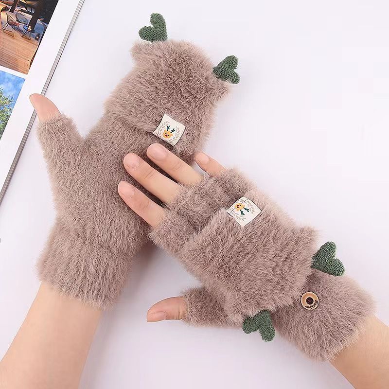 Antlers Decor Flip Top Ujjatlan Aranyos Thermal Félujjas Vastagságú Plüss Kesztyű Gyerekeknek És Felnőtteknek Szabadtéri Sportokhoz