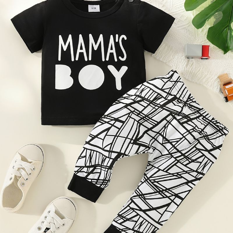 2db Fiúk Casual Mama's Print Póló És Csíkos Mintás Nadrág Szett