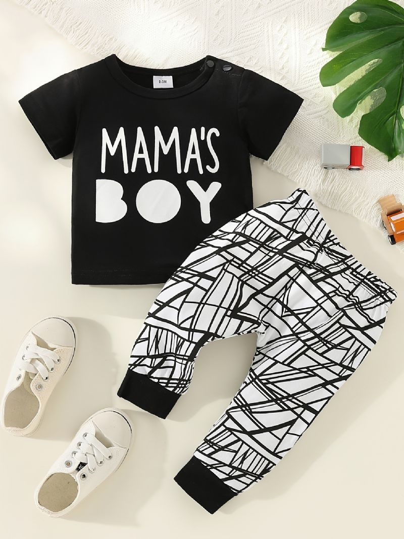 2db Fiúk Casual Mama's Print Póló És Csíkos Mintás Nadrág Szett