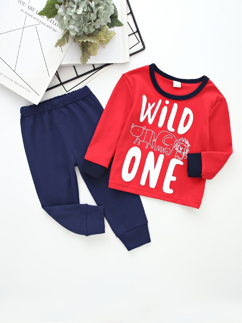 Fiúk Letter Wild One Crew Neck Pamut Hosszú Ujjú Póló Jogger Melegítőnadrág Szett