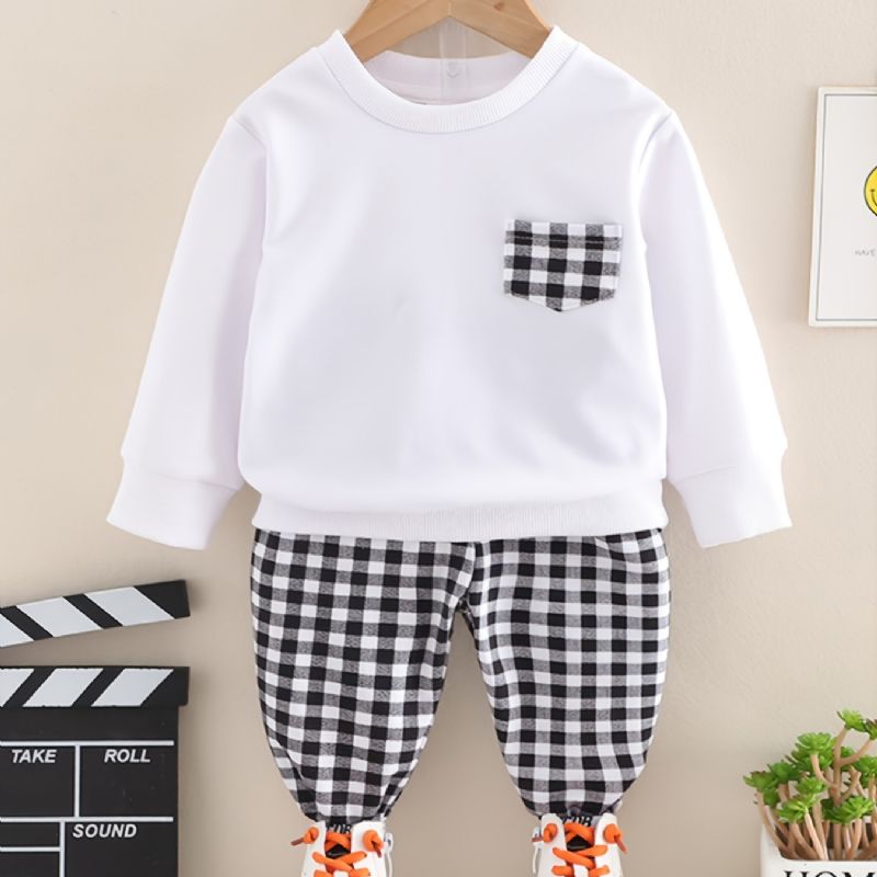 Fiúk Solid Plaid Crew Neck Pamut Hosszú Ujjú Póló Kockás Jogger Melegítőnadrág