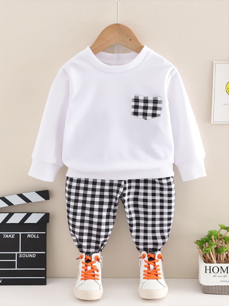 Fiúk Solid Plaid Crew Neck Pamut Hosszú Ujjú Póló Kockás Jogger Melegítőnadrág