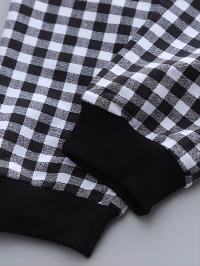 Fiúk Solid Plaid Crew Neck Pamut Hosszú Ujjú Póló Kockás Jogger Melegítőnadrág