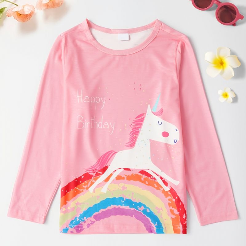 Lányok Unicorn Print Kerek Nyakú Hosszú Ujjú Póló Tavaszi Ősz