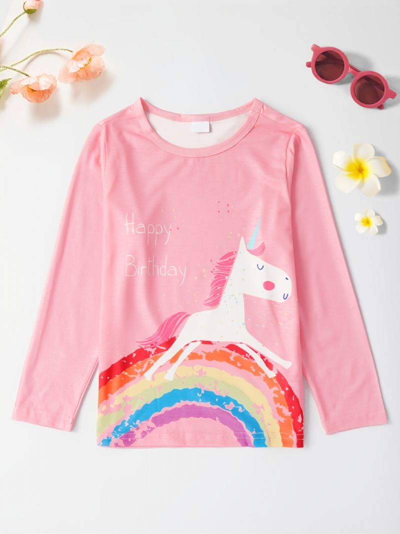 Lányok Unicorn Print Kerek Nyakú Hosszú Ujjú Póló Tavaszi Ősz