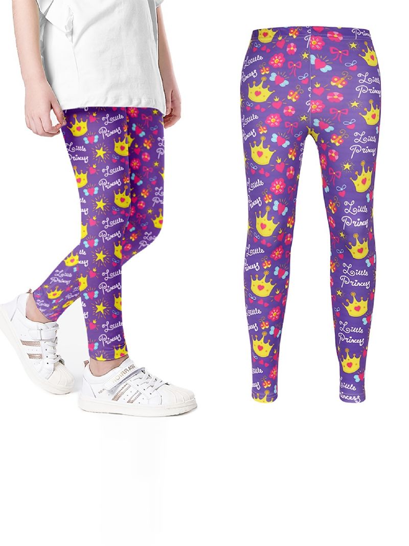 Lányok Aranyos Lila Korona & Princess Print Hosszú Rugalmas Derék Leggings Nadrág Ruhák