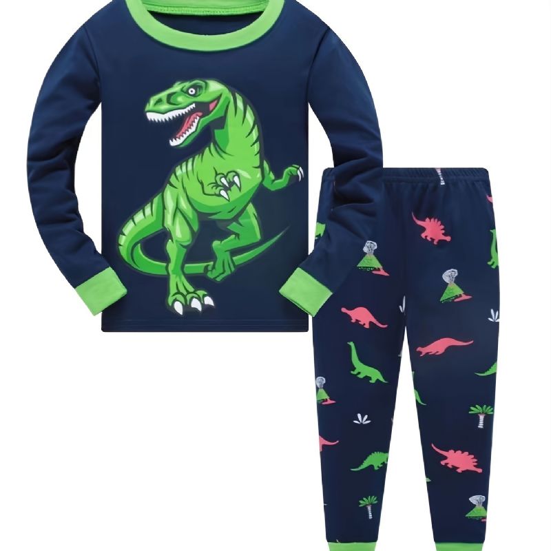 Fiúk Alkalmi Legénynyakú Pizsama Szett Lounge Wear Homewear Hosszú Ujjú Felső És Hozzáillő Nadrág Dinoszaurusz Mintával