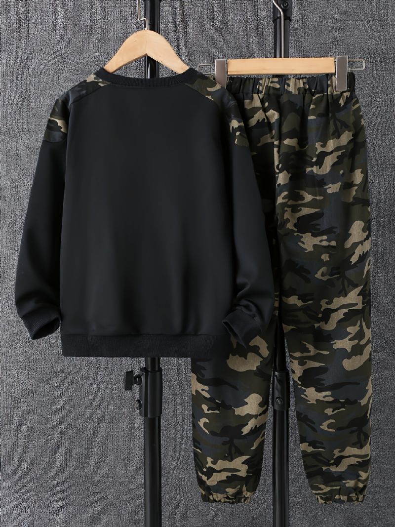 Fiúk Camo Print Crew Neck Pulóver Leggings Nadrág Szettek