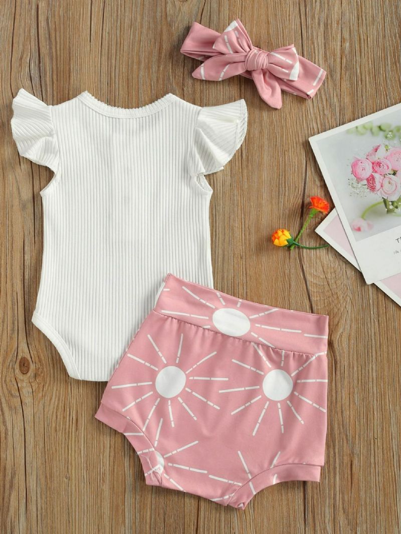 3db Bow Bébi Lányok Rövid Ujjú Romper & Sun Print Rövidnadrág