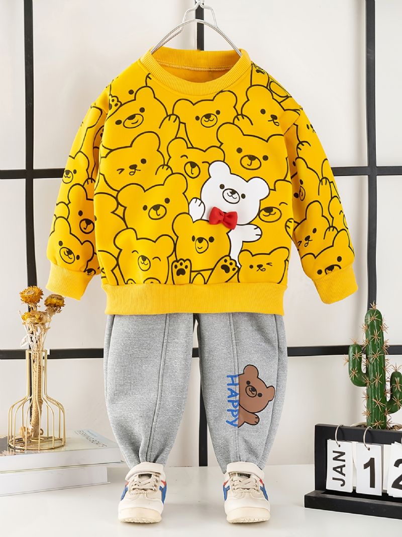 2db Bébi Fiúk Cartoon Bear Print Pulóver Kerek Nyakú Hosszú Ujjú És Nadrág Szett Gyerekruhák