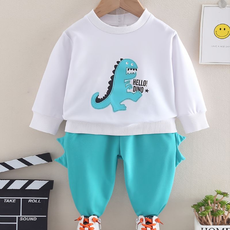 2db Bébi Little Dinosaur Print Pulóver Kerek Nyakú Hosszú Ujjú És Nadrág Szett Lányoknak Fiúknak