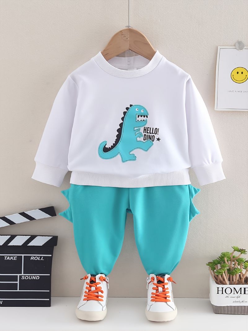 2db Bébi Little Dinosaur Print Pulóver Kerek Nyakú Hosszú Ujjú És Nadrág Szett Lányoknak Fiúknak