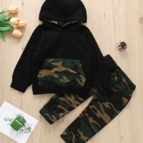 2db Fiúk Casual Camo Print Kapucnis Hosszú Ujjú Nadrág Szett