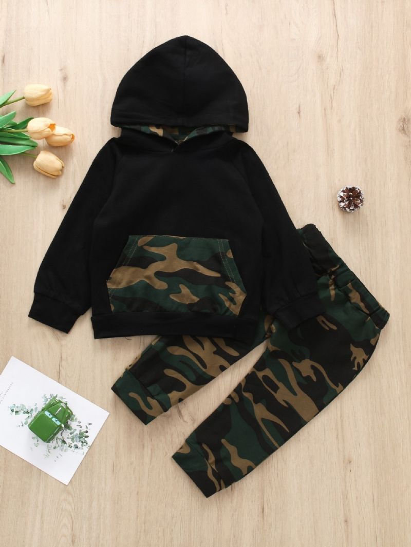 2db Fiúk Casual Camo Print Kapucnis Hosszú Ujjú Nadrág Szett