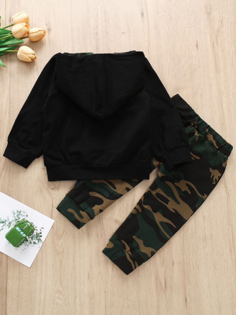 2db Fiúk Casual Camo Print Kapucnis Hosszú Ujjú Nadrág Szett