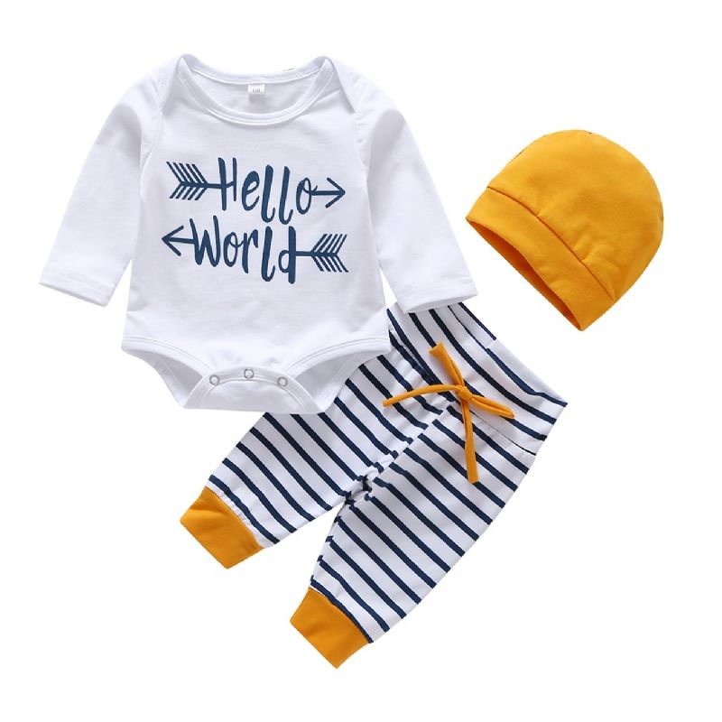 3db Bébi Fiúk Hello World Letter Print Onesie Felső Csíkos Nadrág Sapkával Szett Ruhák