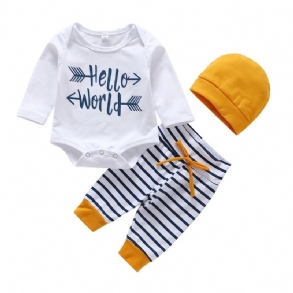 3db Bébi Fiúk Hello World Letter Print Onesie Felső Csíkos Nadrág Sapkával Szett Ruhák