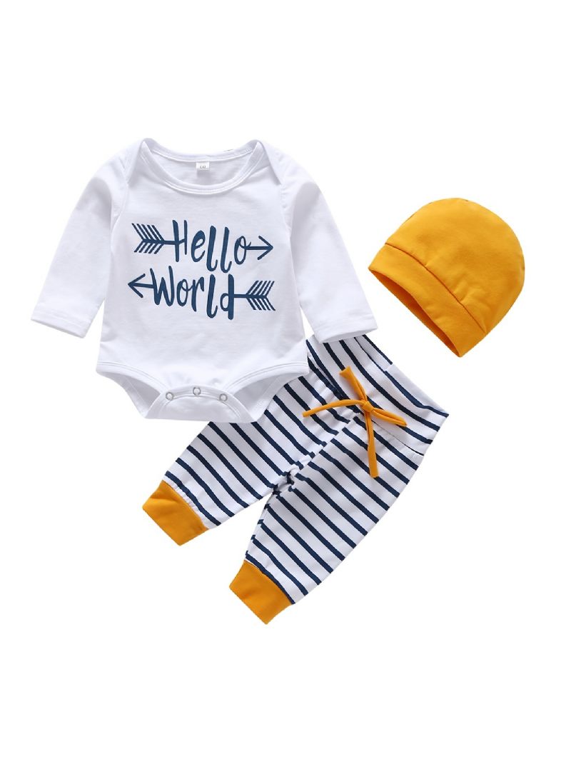 3db Bébi Fiúk Hello World Letter Print Onesie Felső Csíkos Nadrág Sapkával Szett Ruhák