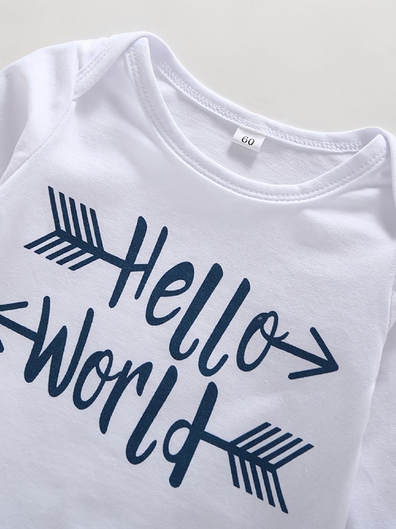 3db Bébi Fiúk Hello World Letter Print Onesie Felső Csíkos Nadrág Sapkával Szett Ruhák