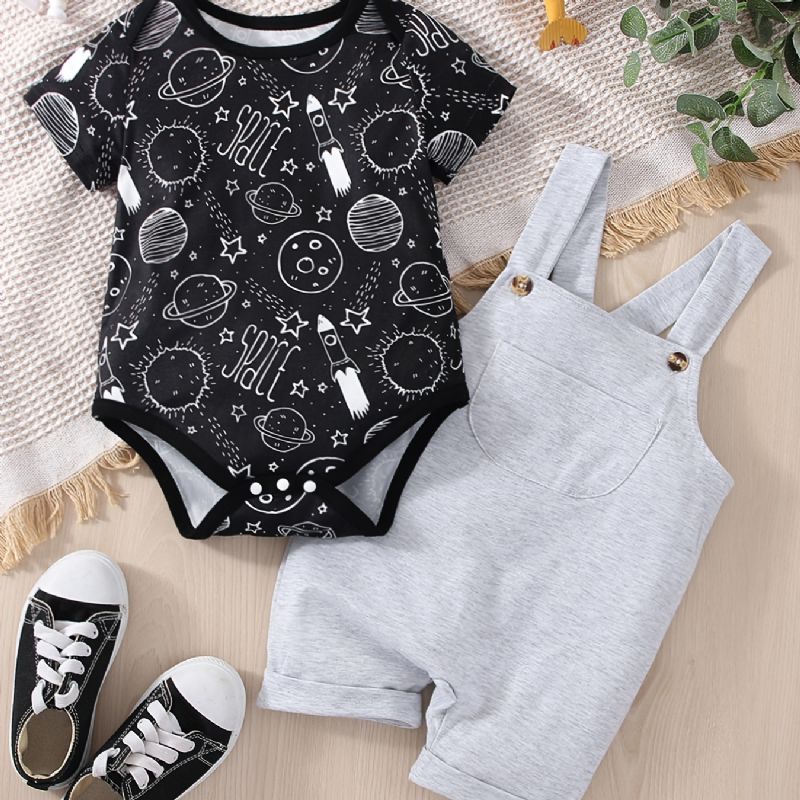 Bébi Fiúk Casual Planet Space Print Romper & Solid Bib Shorts Készlet