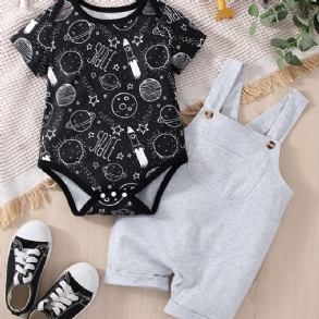 Bébi Fiúk Casual Planet Space Print Romper & Solid Bib Shorts Készlet