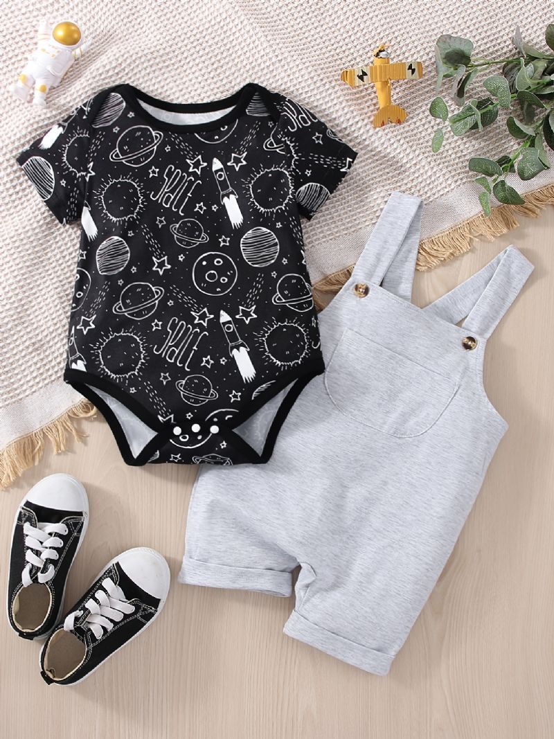 Bébi Fiúk Casual Planet Space Print Romper & Solid Bib Shorts Készlet