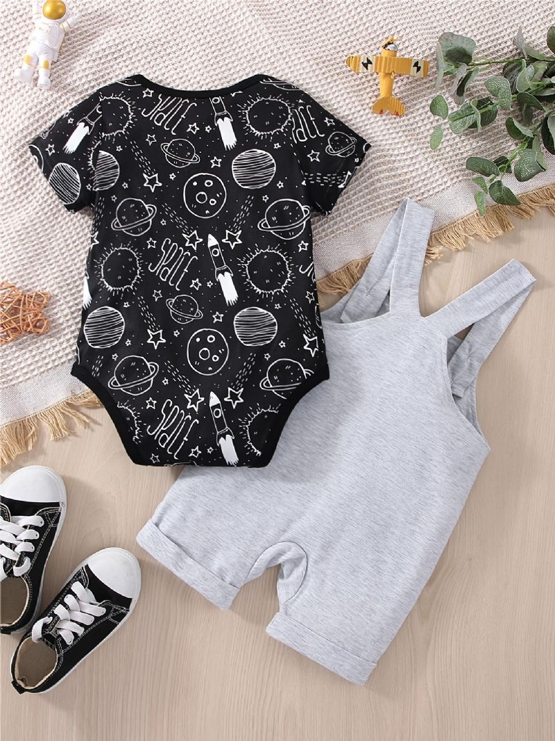 Bébi Fiúk Casual Planet Space Print Romper & Solid Bib Shorts Készlet