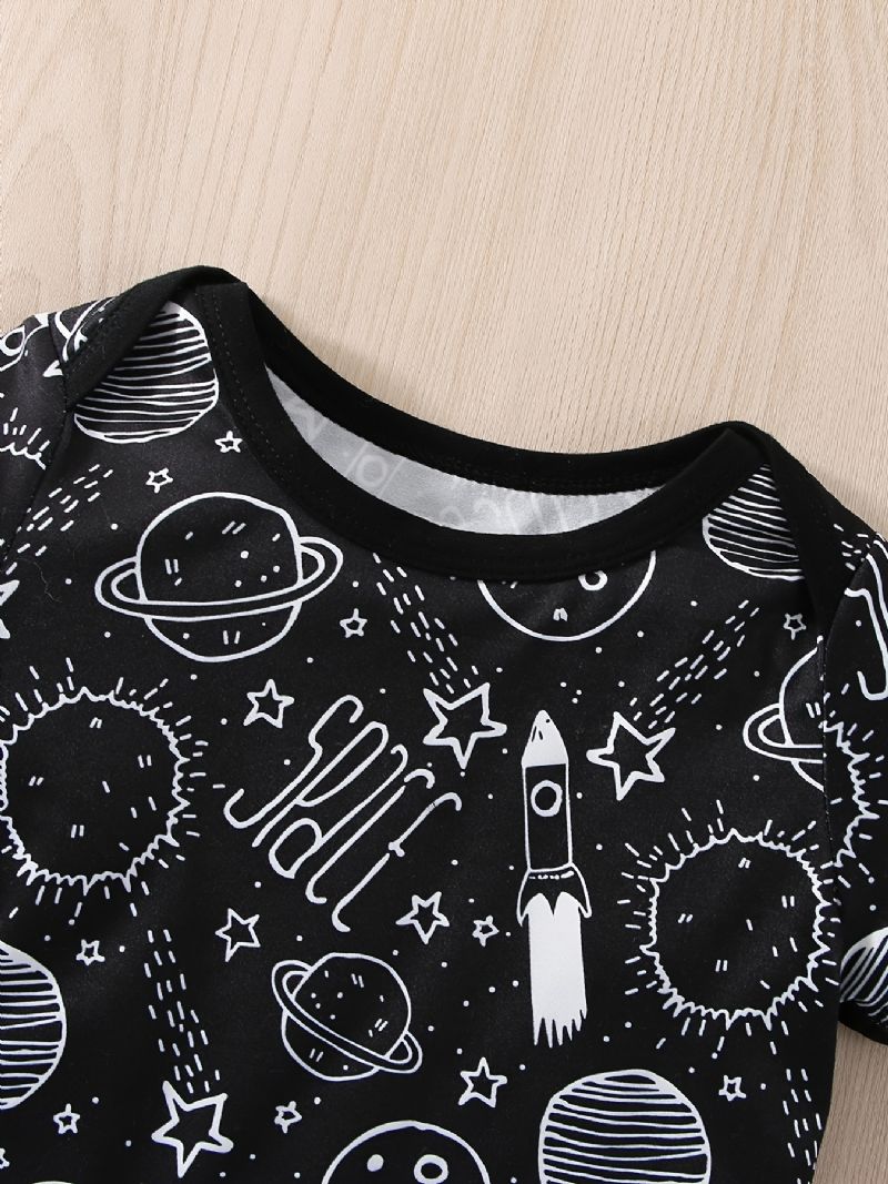 Bébi Fiúk Casual Planet Space Print Romper & Solid Bib Shorts Készlet