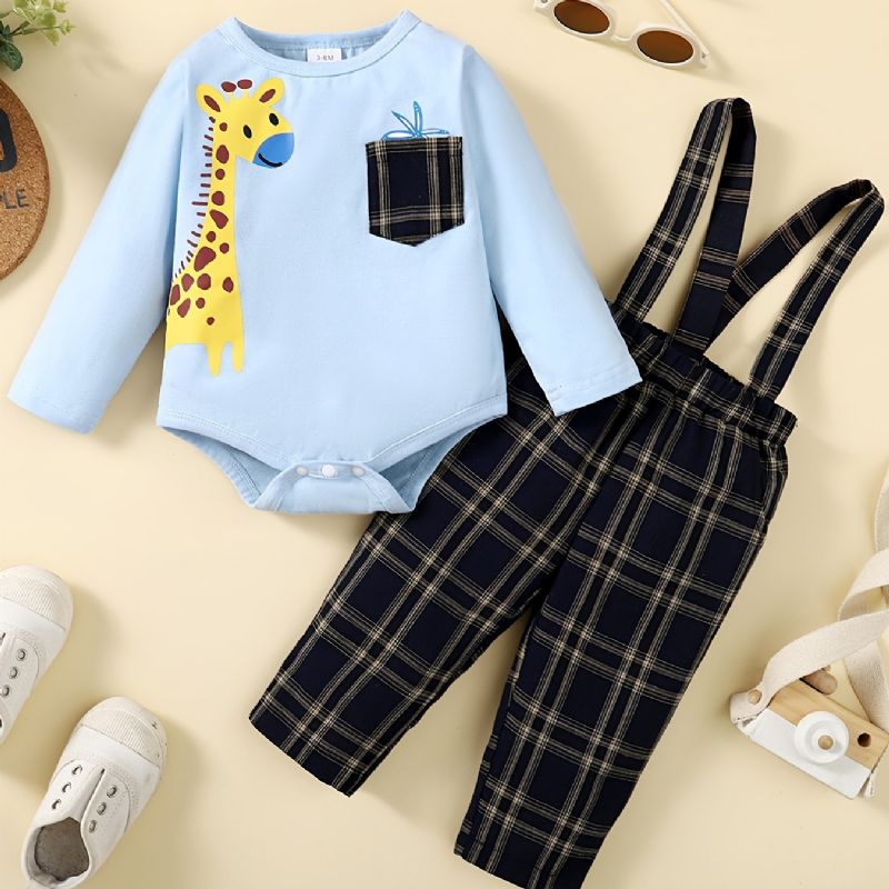 Bébi Fiúk Deer Print Body Onesie És Kockás Függőnadrág Szett