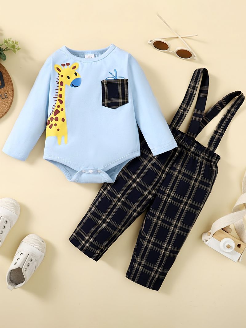 Bébi Fiúk Deer Print Body Onesie És Kockás Függőnadrág Szett