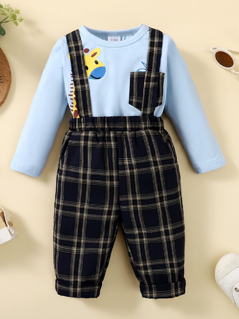 Bébi Fiúk Deer Print Body Onesie És Kockás Függőnadrág Szett