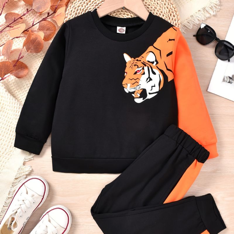 Bébi Fiúk Pulóver Tiger Print Crew Neck Hosszú Ujjú És Színes Blokk Nadrág Szett Gyerekruhák