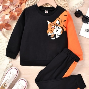 Bébi Fiúk Pulóver Tiger Print Crew Neck Hosszú Ujjú És Színes Blokk Nadrág Szett Gyerekruhák