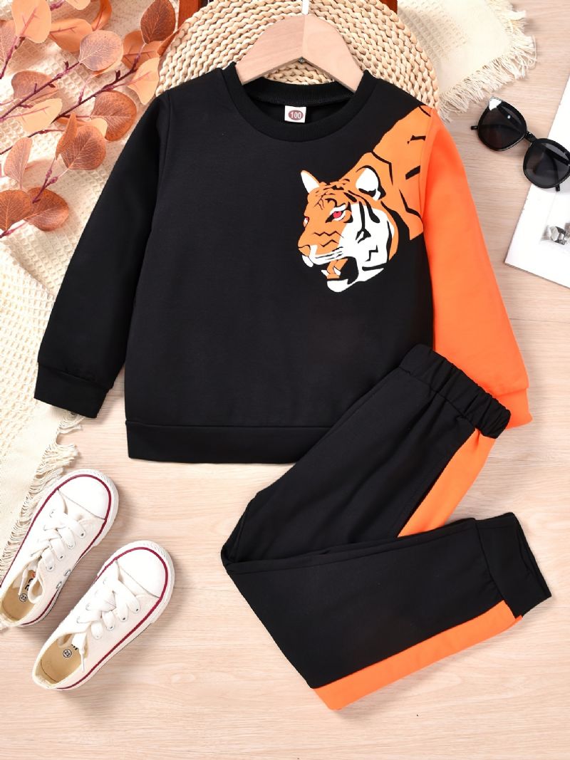 Bébi Fiúk Pulóver Tiger Print Crew Neck Hosszú Ujjú És Színes Blokk Nadrág Szett Gyerekruhák