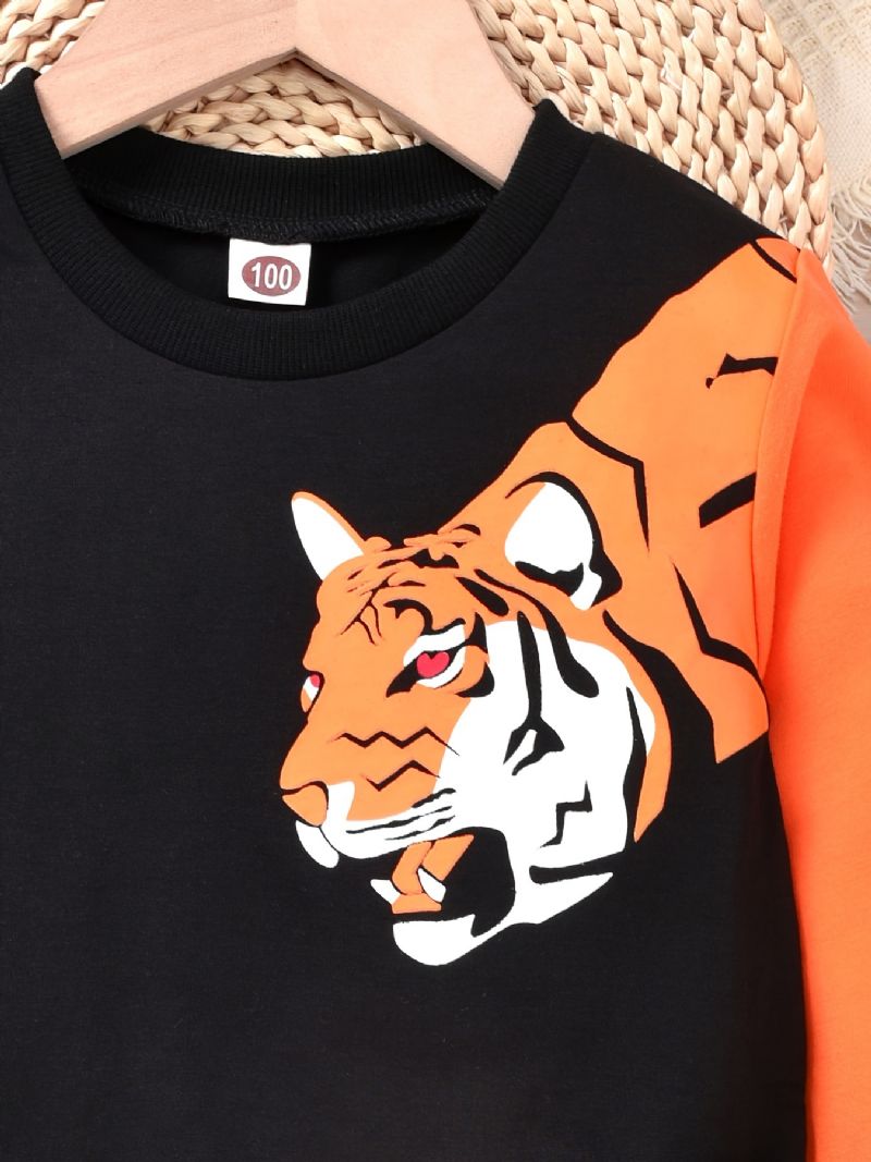 Bébi Fiúk Pulóver Tiger Print Crew Neck Hosszú Ujjú És Színes Blokk Nadrág Szett Gyerekruhák