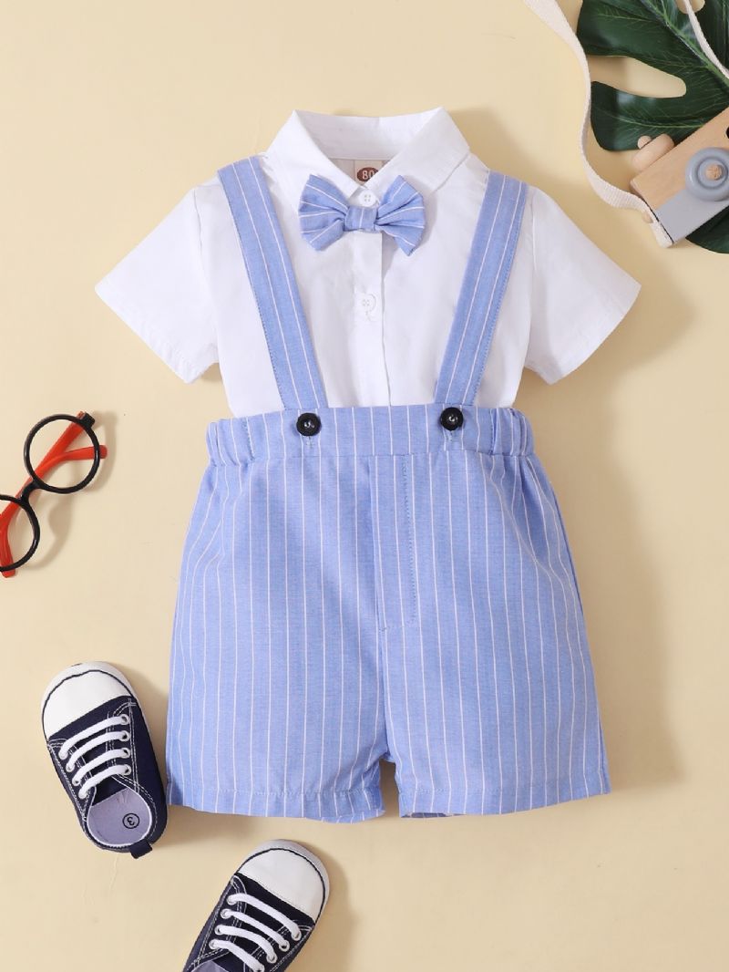 Fiúk Gentleman Bowknot Romper Body + Függőnadrág Szett Babaruha Tavaszi Őszre