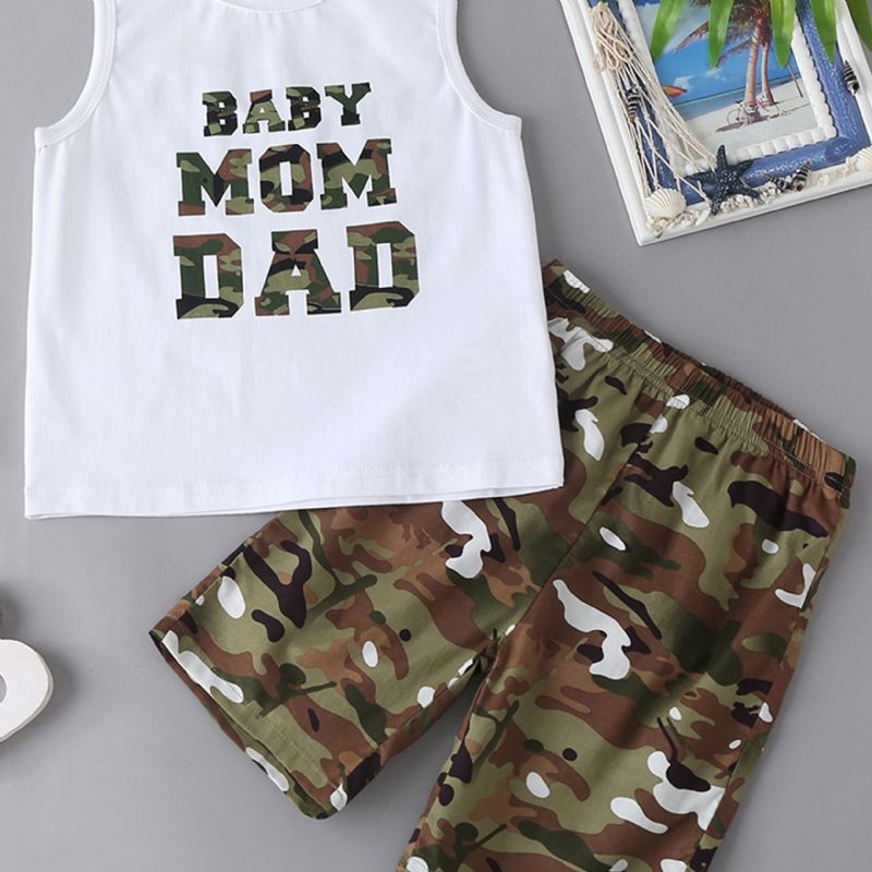 Fiúk Letter Print Tank Top + Camo Short Set Gyerekruhák Nyárra