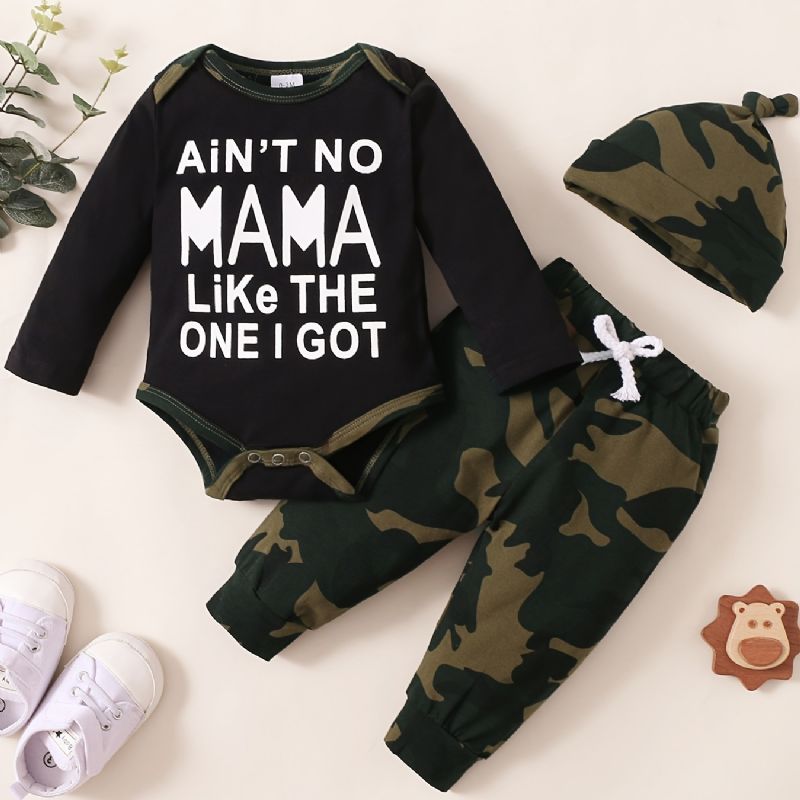 Fiúk Szlogennyomtatása Hosszú Ujjú Rövidnadrágos Jumpsuit + Camo Nadrág + Kalapkészlet Babaruha