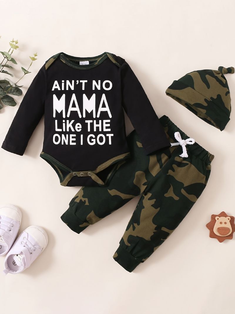 Fiúk Szlogennyomtatása Hosszú Ujjú Rövidnadrágos Jumpsuit + Camo Nadrág + Kalapkészlet Babaruha