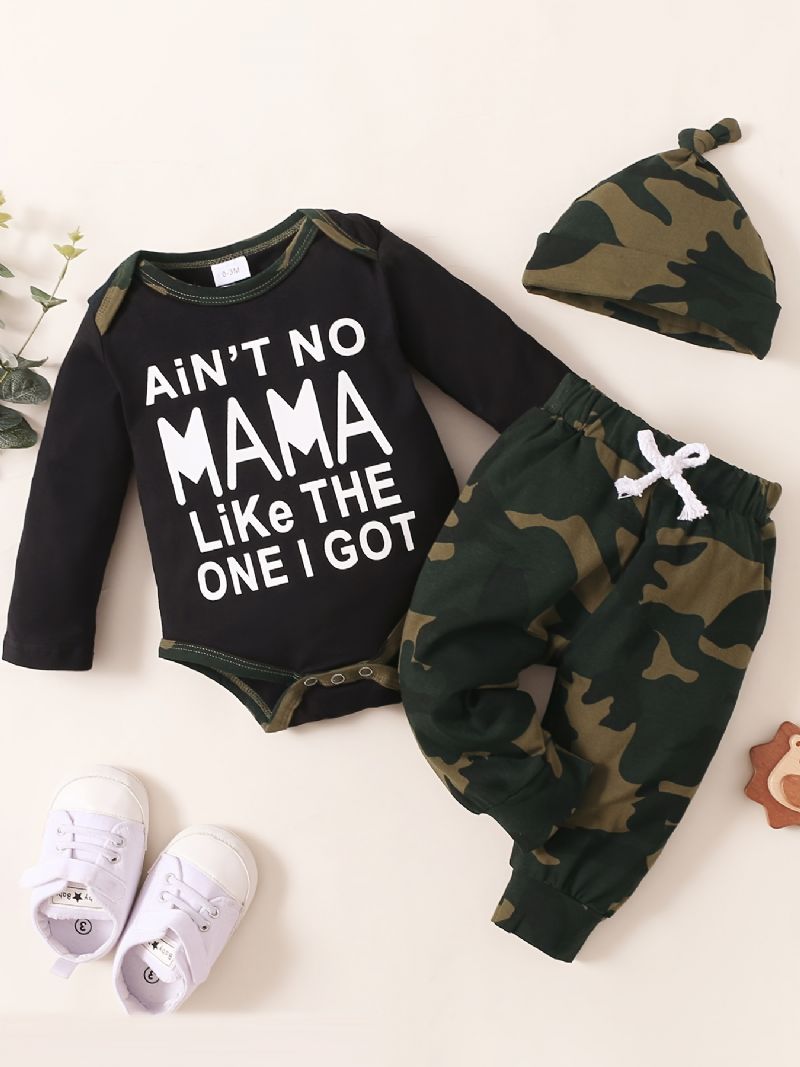 Fiúk Szlogennyomtatása Hosszú Ujjú Rövidnadrágos Jumpsuit + Camo Nadrág + Kalapkészlet Babaruha